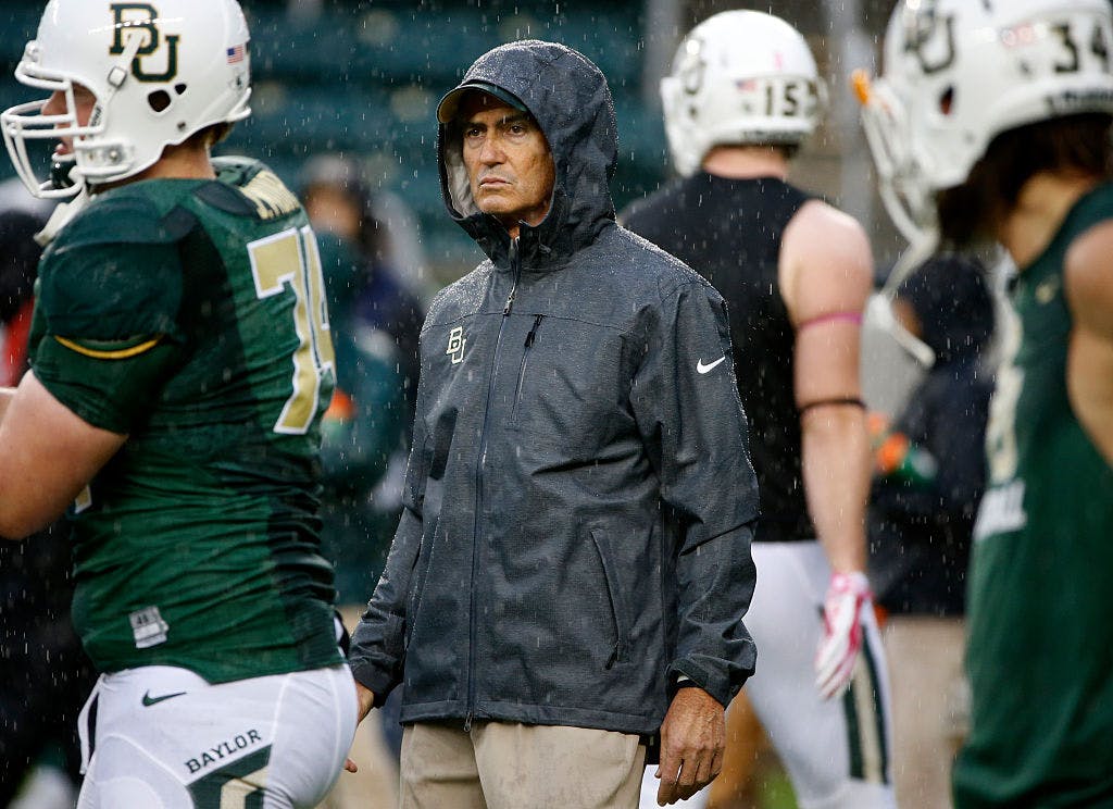 Former Baylor Bears head coach Art Briles watches his former team before the Iowa State Cyclones take on the Baylor Bears at McLane Stadium on October 24, 2015 in Waco, Texas.