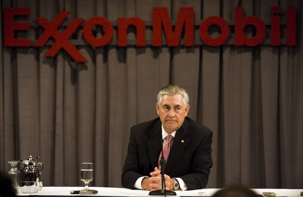 ExxonMobil Chairman Rex Tillerson speaks at a press conference after the ExxonMobil annual shareholders meeting at the Morton H. Meyerson Symphony Center May 28, 2008 in Dallas, Texas.