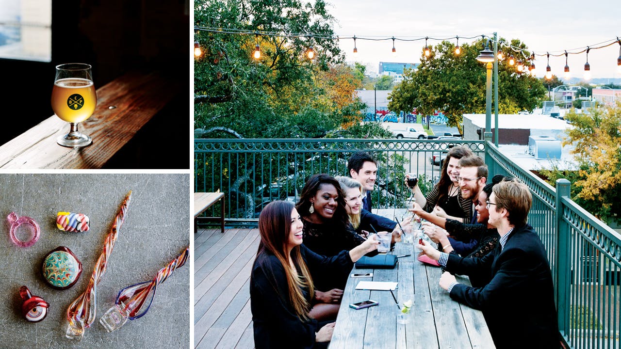 A craft brew at the Collective Brewing Project (top left), glass art created at SiNaCa Studios School of Glass and Gallery (bottom left), and the rooftop patio at the Live Oak Music Hall & Lounge (right).