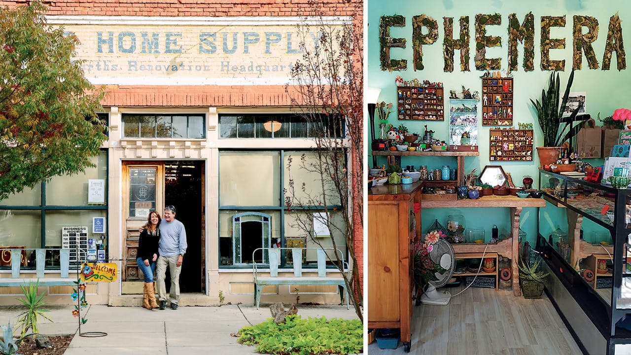 The owners of Old Home Supply (left) and the inside of Ephemera (right).