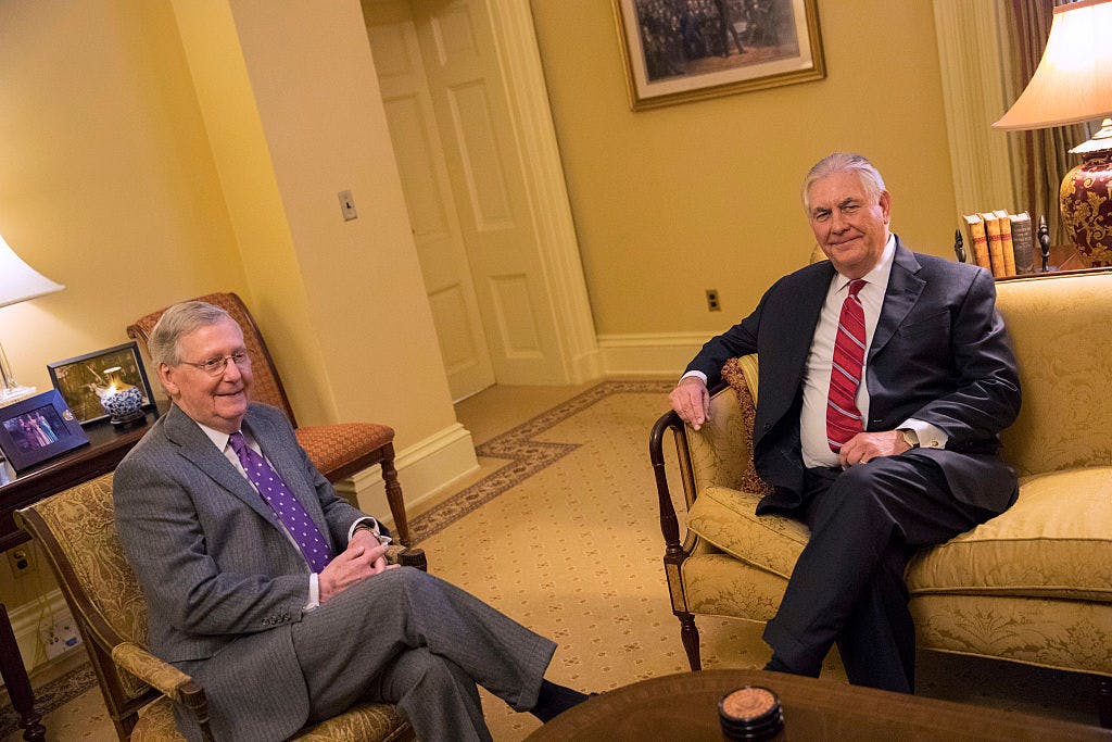 Senate Majority Leader Mitch McConnell (R-KY) (L) meets with Rex Tillerson on January 4, 2017 on Capitol Hill in Washington, DC. Tillerson is President-elect Donald Trump's nominee for Secretary of State. 