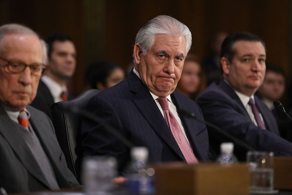 Rex Tillerson sits in on his confirmation hearing for Secretary of State in the Dirksen Senate Office Building on January 11, 2017 in Washington, DC.