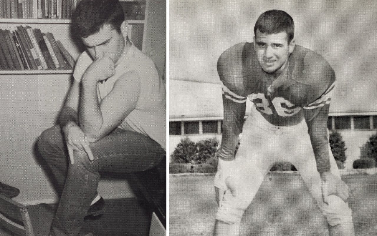 Two black and white photographs of Malick when he was in high school. 