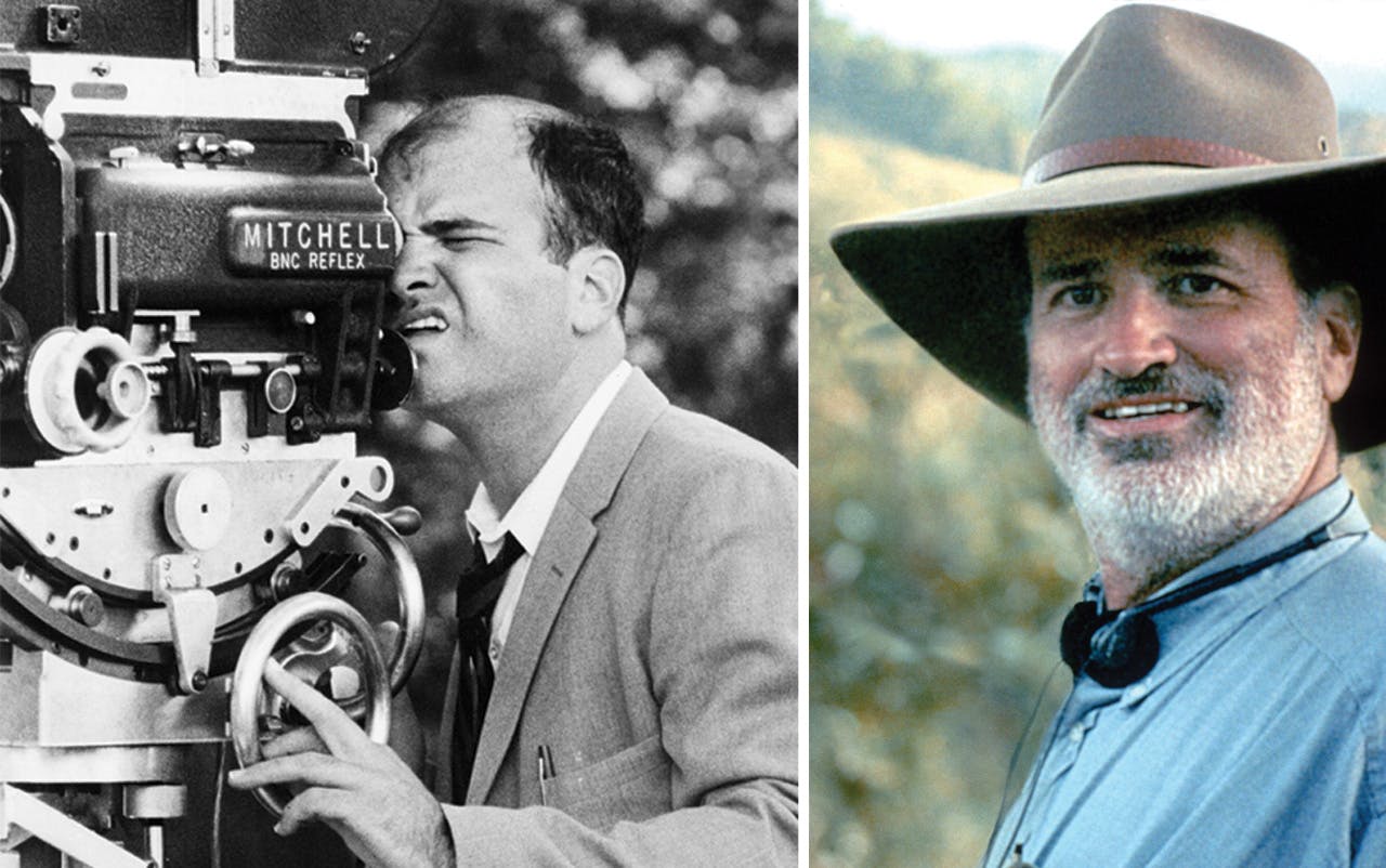 A photo of Malick behind a camera, and headshot of him on set of The Thin Red Line. 