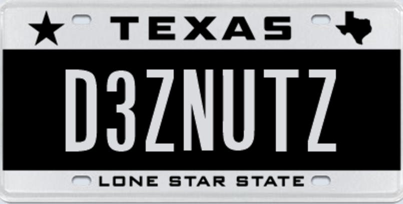 Texas license plate that says "d3znutz," or deez nuts.