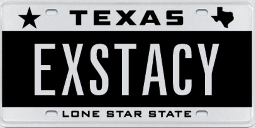 Texas license plate that says "exstacy."