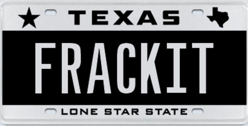 Texas license plate that says "frackit."
