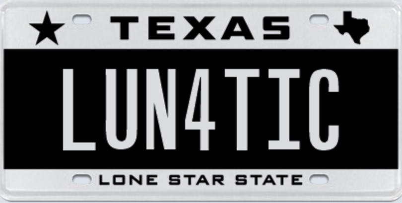Texas license plate that says "lunatic" with a 4 replacing the 'a.'