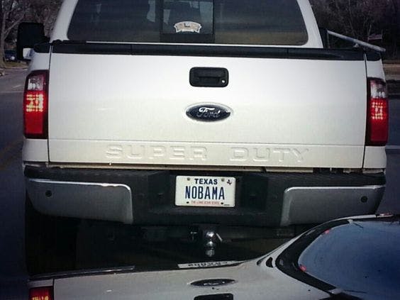 Texas license plate that says "nobama."