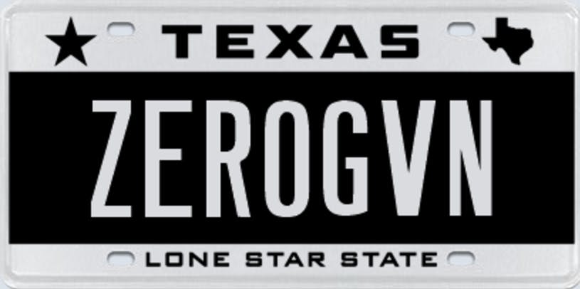 Texas license plate that says "zerogvn," or zero given.