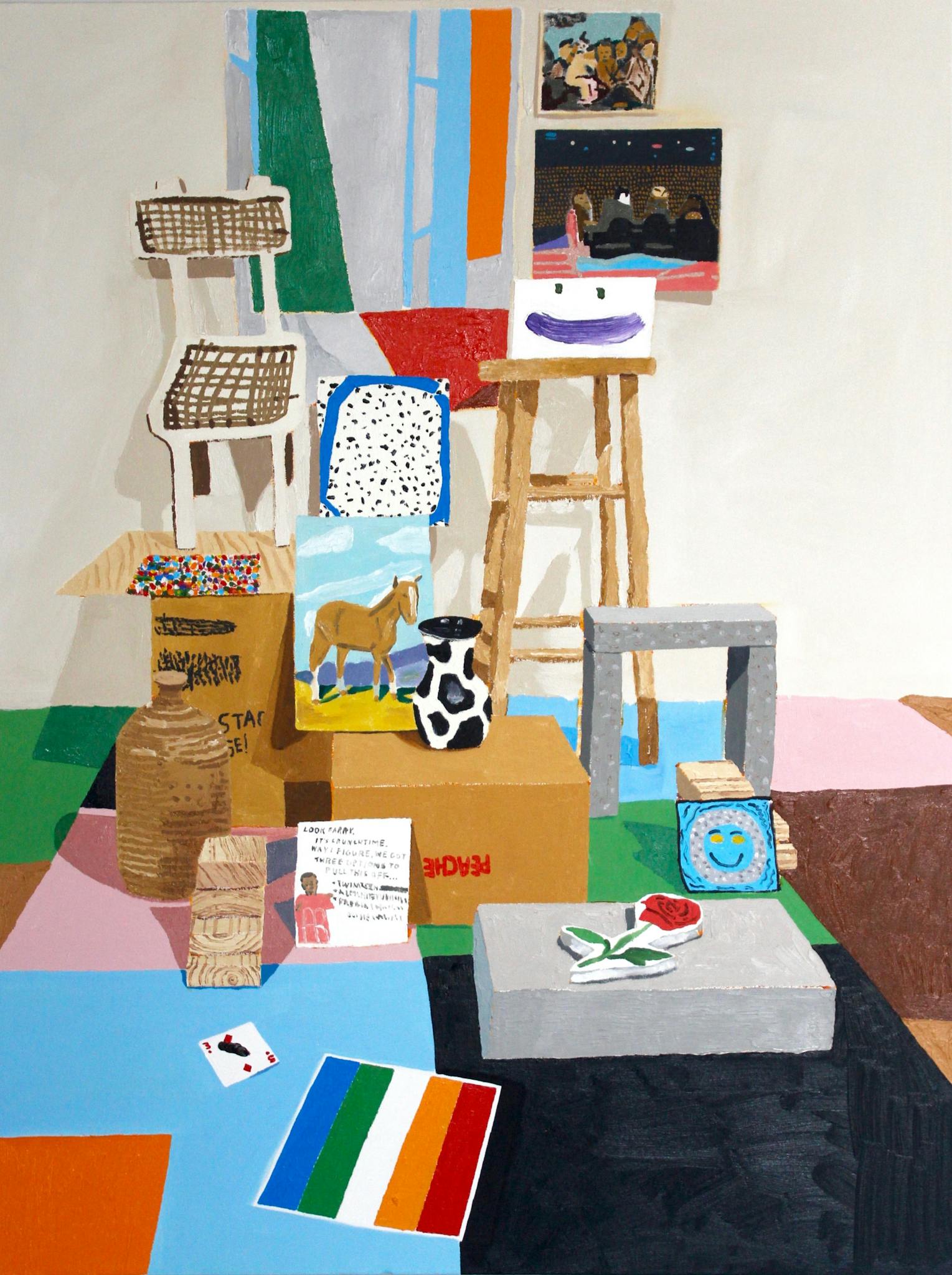 Bradley Kerl's painting of boxes, stools, and mundane household objects.
