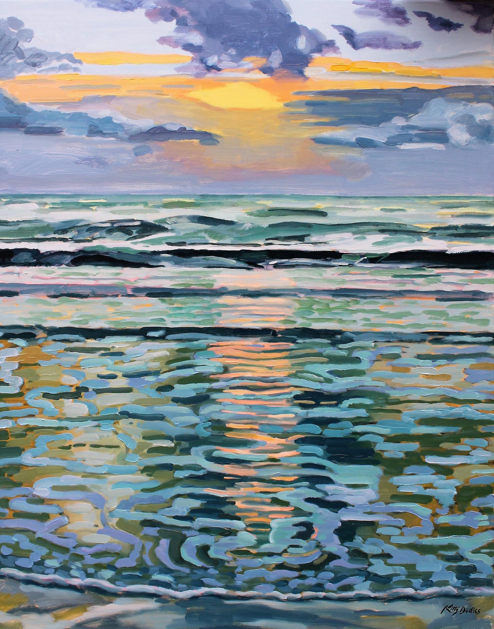 Kitty Welsh's painting of the ocean reflecting a sunset.