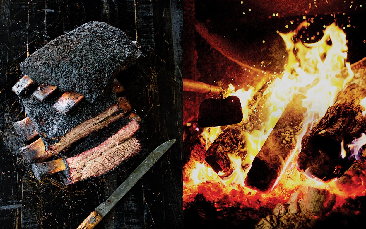 Photograph of ribs next to a photograph of a blazing fire.