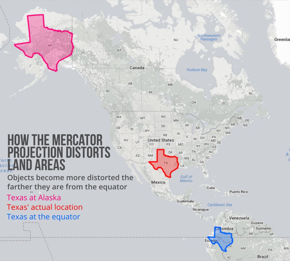 How the Mercator Projection distorts land areas. 