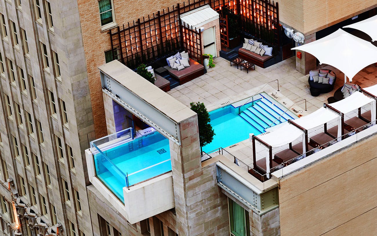 Aerial view of the rooftop pool at the Joule Hotel. 