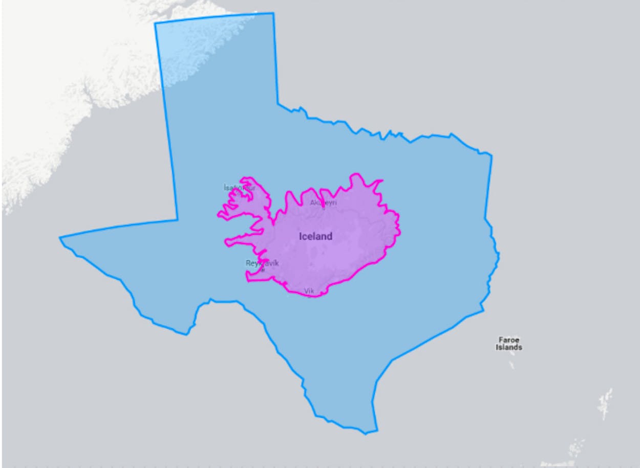 Size of Texas compared to Iceland.