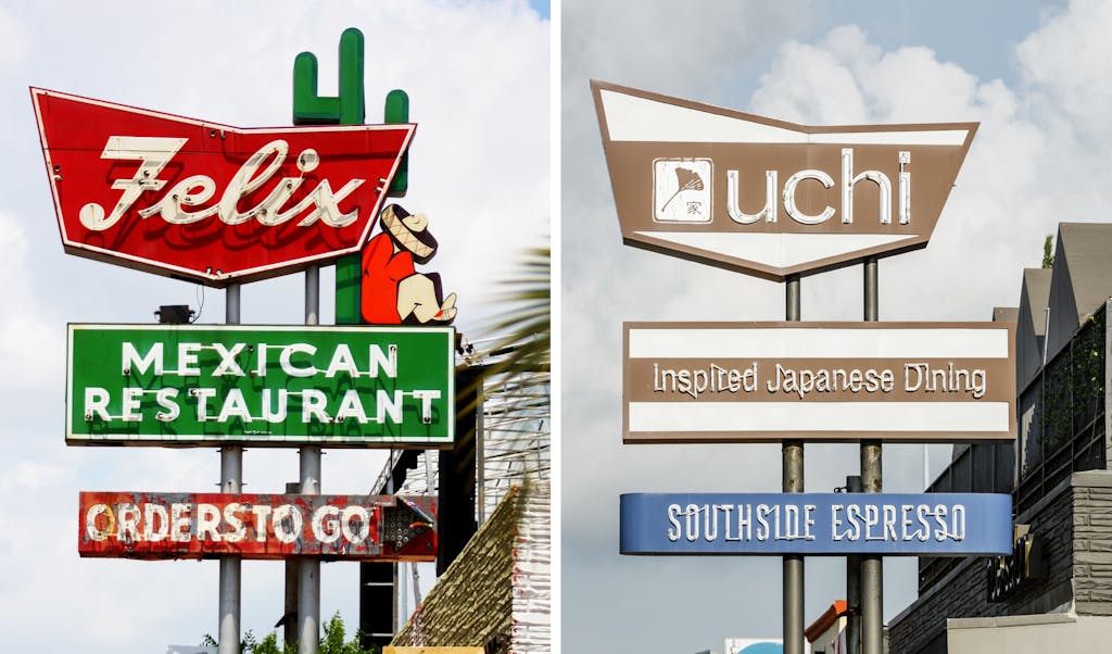 Side-by-side comparison of the old "Felix" restaurant sign that is now the "Uchi" sign. 