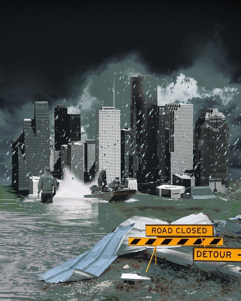 Illustration of road closure signs, floods, and rain around skyscrapers. 