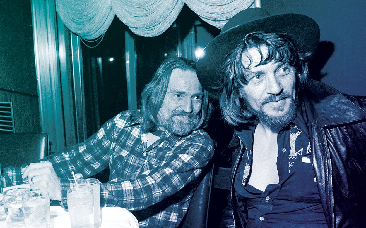 Country music singers Waylon Jennings, right, and Willie Nelson