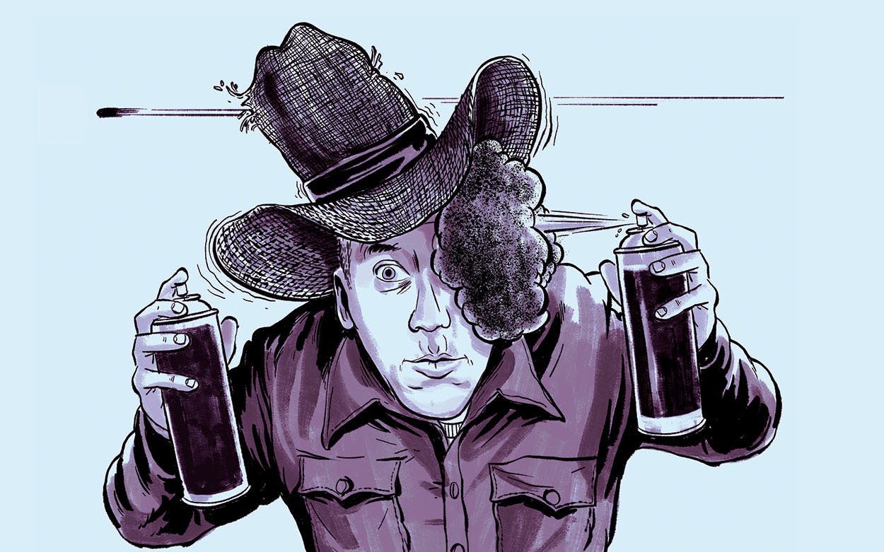 Drawing of the Texanist spray painting his face while a bullet shoots through his straw hat.
