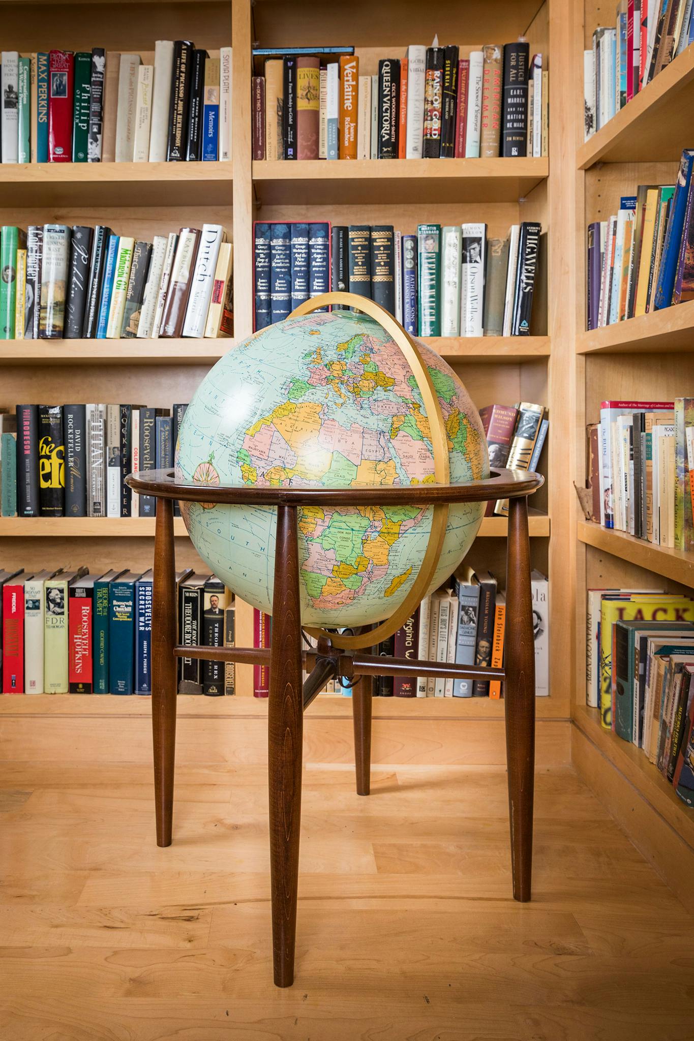 A globe in Melba Whatley's home library in Austin