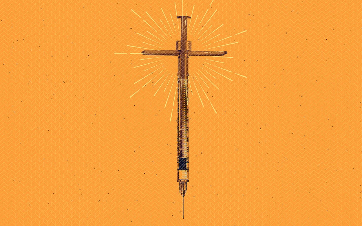 Illustration of a flu vaccine made into a cross.
