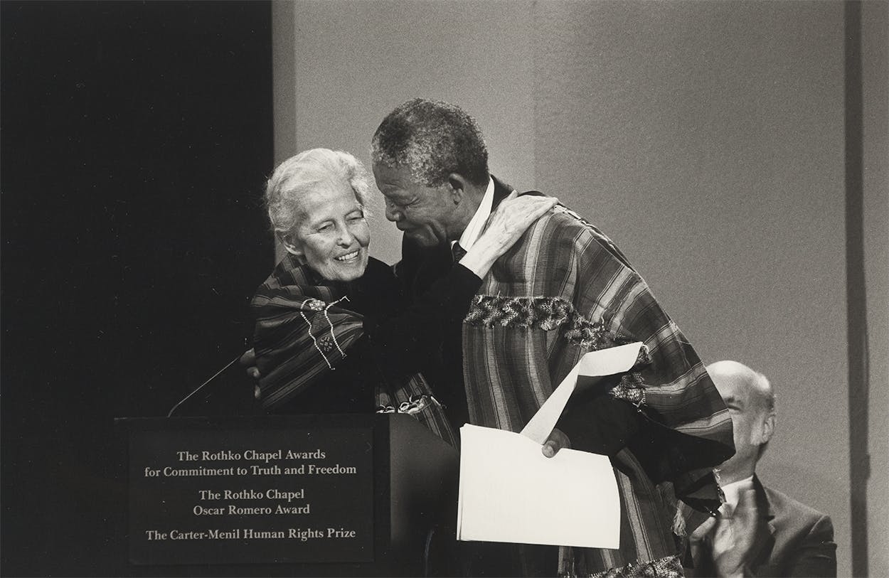 Dominique de Menil with Nelson Mandela at a ceremony honoring the recipients of the Carter-Menil Human Rights Awards at the Rothko Chapel in December, 1991.
