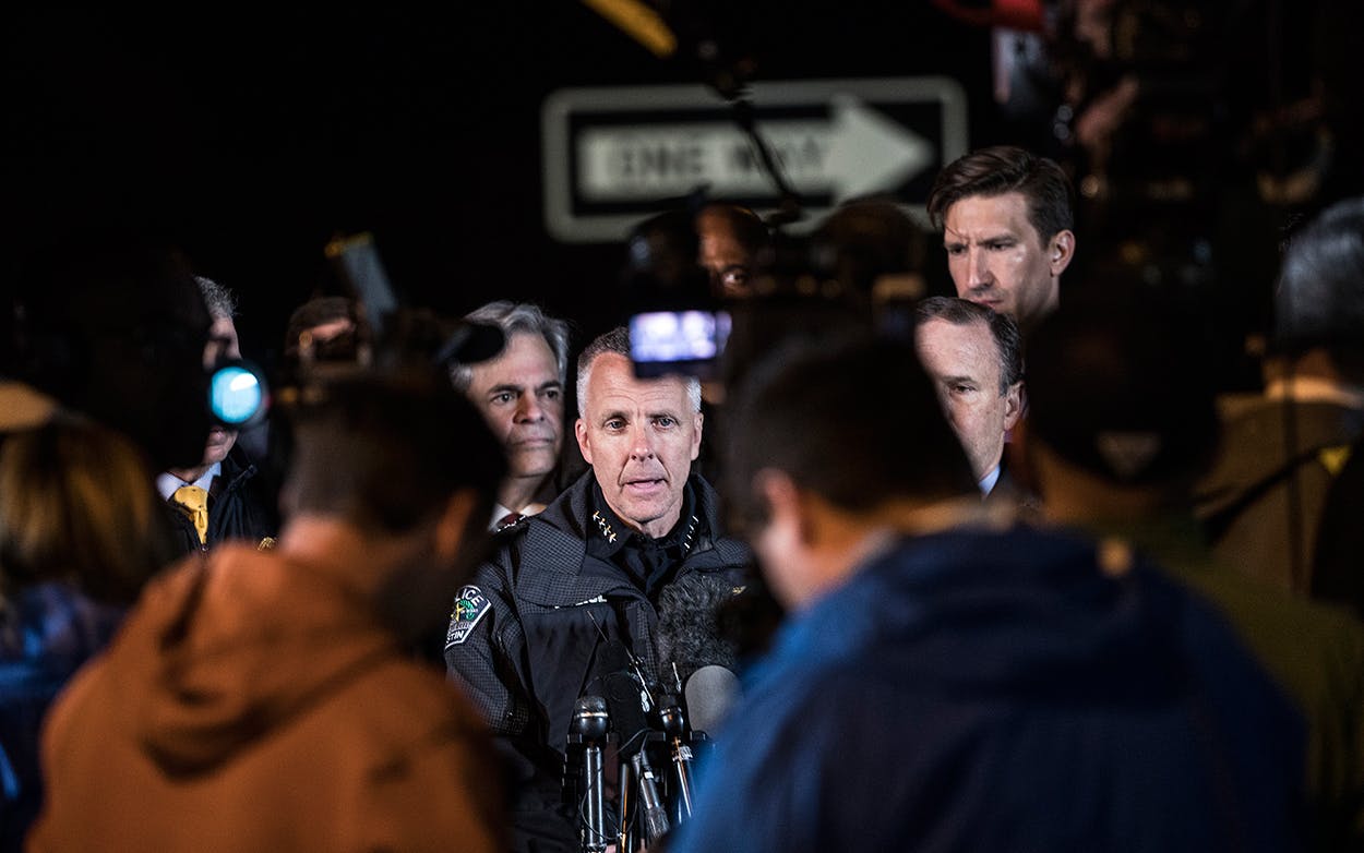 Austin police chief Brian Manley briefs the media, Wednesday, March 21, 2018, in the Austin suburb of Round Rock.