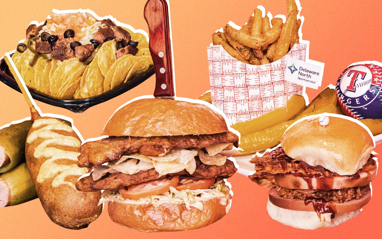 Menu items to enjoy at your next Texas Rangers game include the Dilly Dog, Vegan Grande Nachos, the Lays Homeplate Chicken Sandwich, Pickle Fries and the Triple B sandwich.