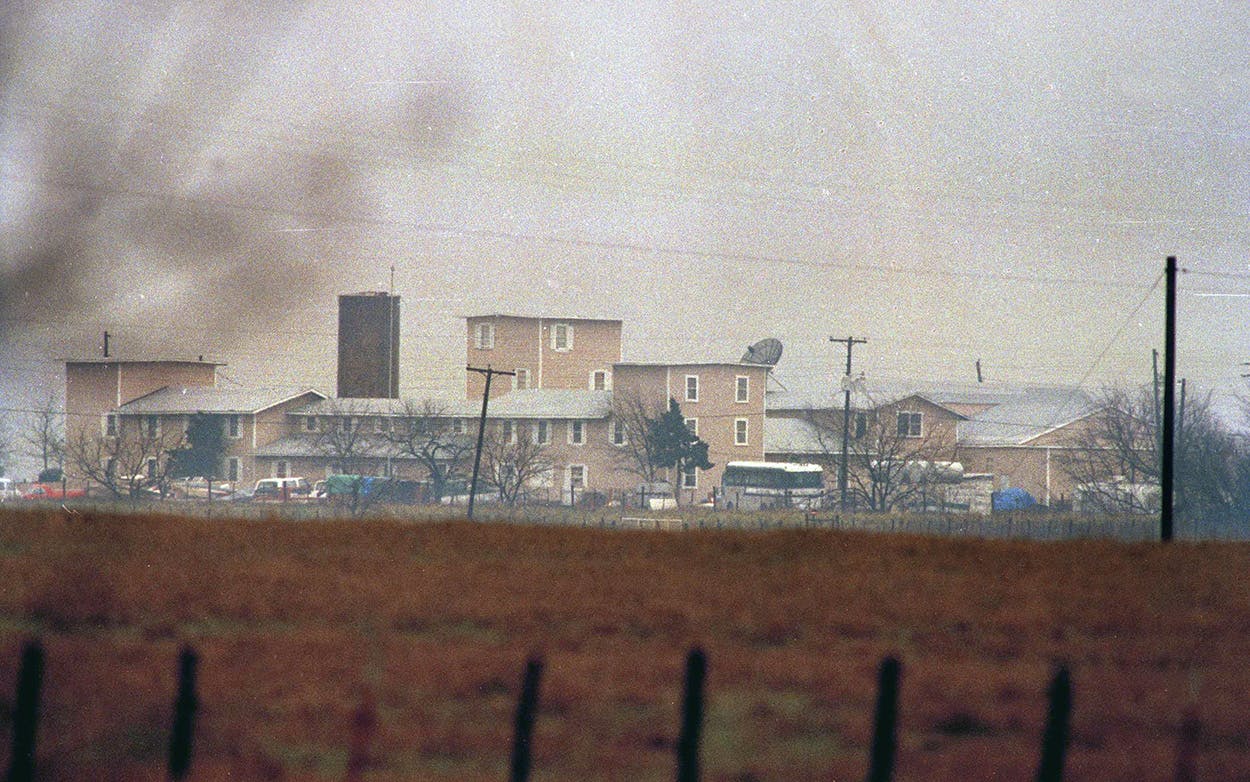 The Mount Carmel compound of the Branch Davidian cult can be seen in the distance near Waco, March 1, 1993, shortly after the beginning of the 51-day siege.