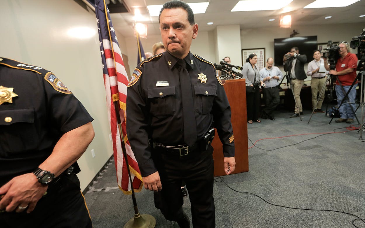 Harris County Sheriff Ed Gonzalez leaves a press conference, Thursday, June 8, 2017 in Houston.