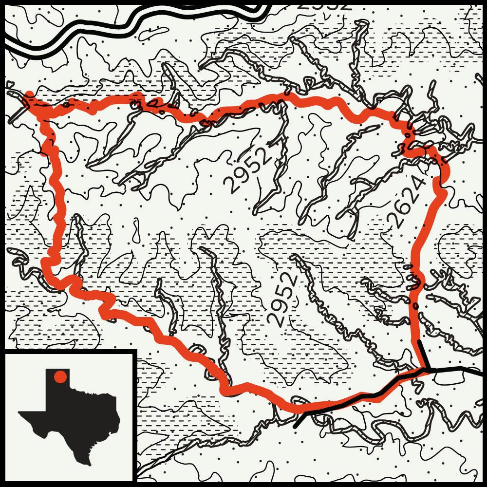 Map of the Upper Canyon Trail to Canyon Loop Trail at Caprock Canyons State Park. 