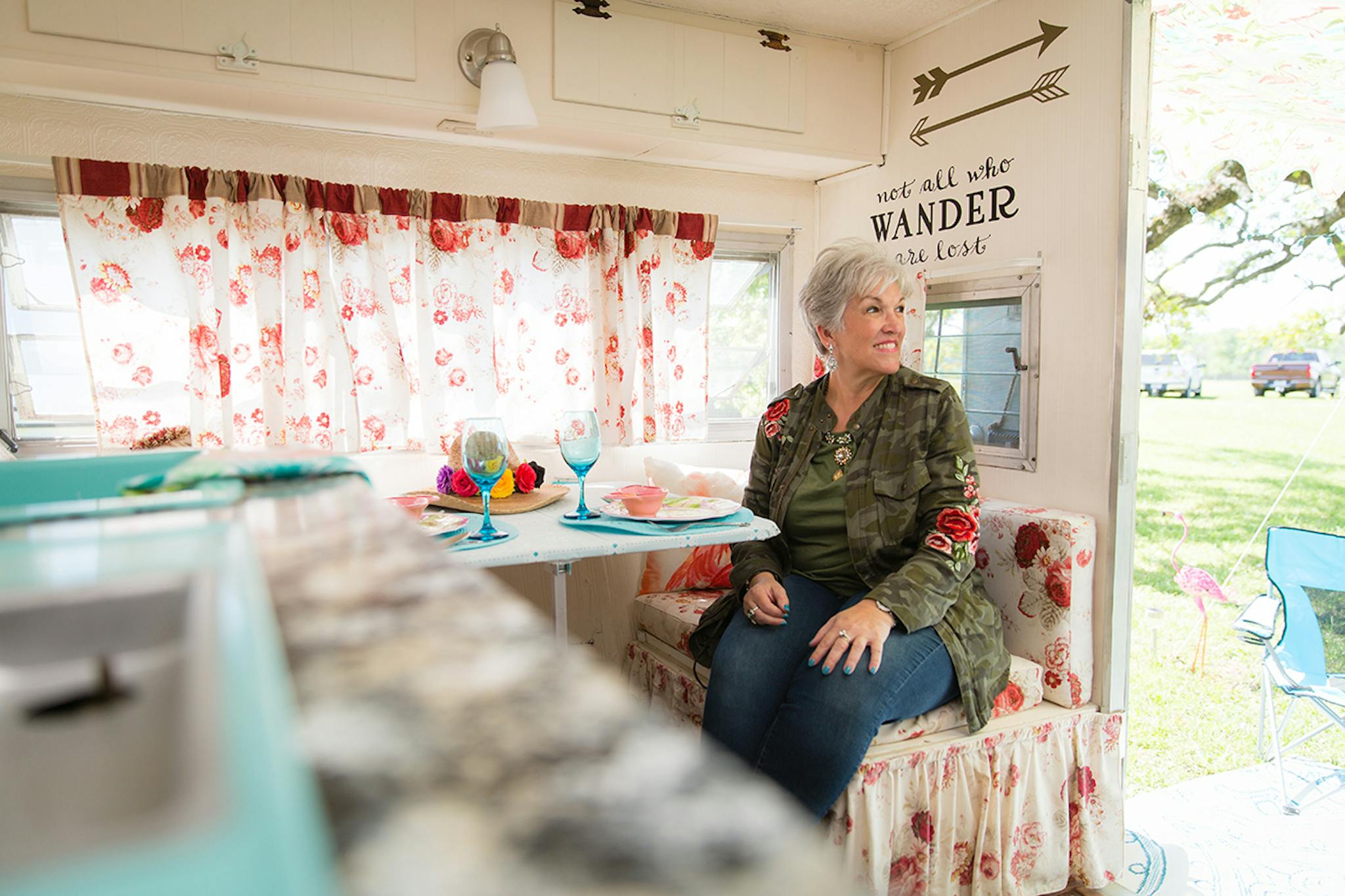 Kathy Carl at her trailer's dining room table.