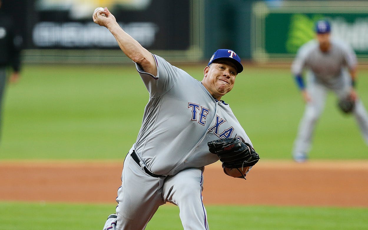 Bartolo Colon #40 of the Texas Rangers pitches in the first inning against the Houston Astros at Minute Maid Park on April 15, 2018 in Houston.
