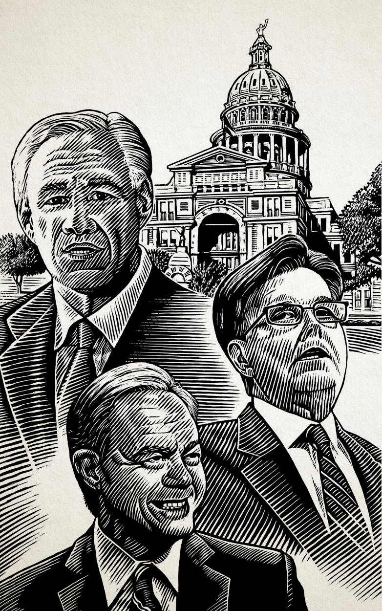 Danz illustrated Texas politicians Governor Greg Abbott, Lieutenant Governor Dan Patrick, and Speaker of the House Joe Straus for Wright’s book.