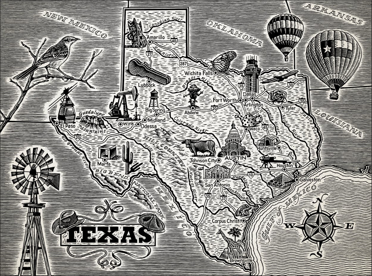 California-based illustrator David Danz researched iconic Texas locations for his map of Texas, included in Lawrence Wright’s book 'God Save Texas: A Journey Into the Soul of the Lone Star State.'