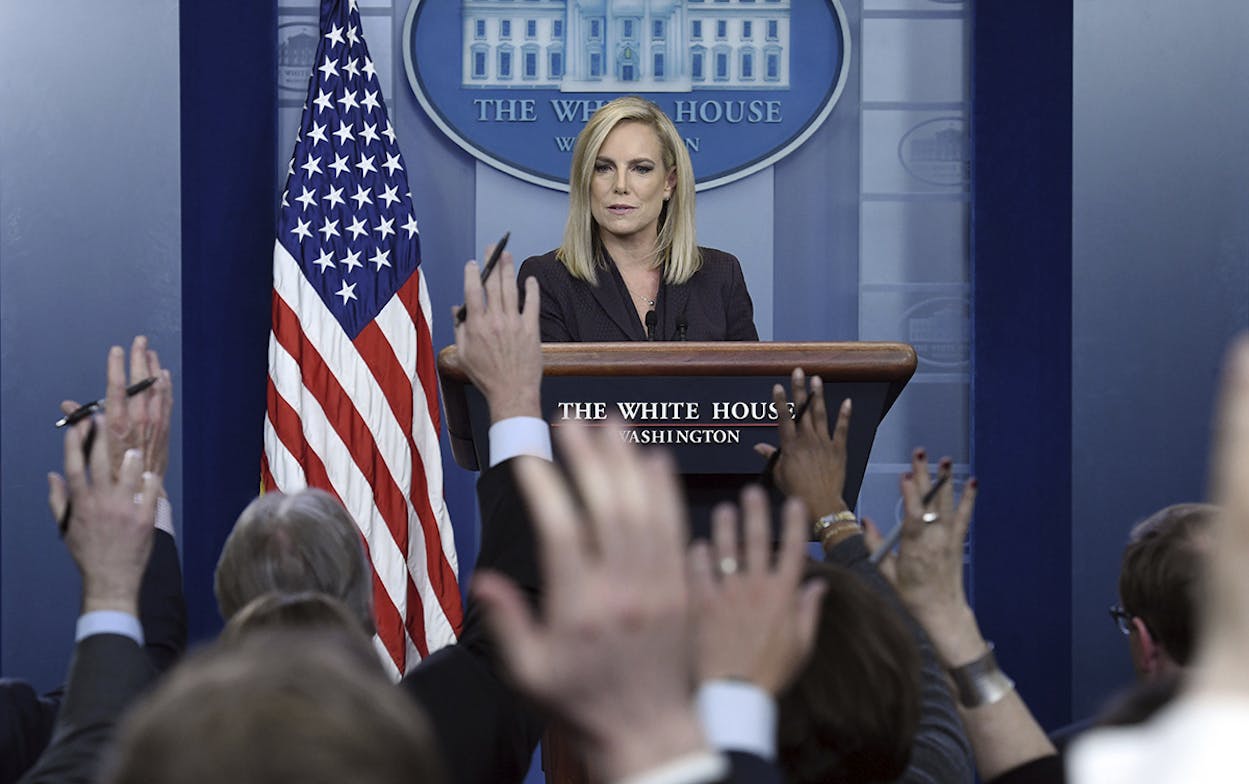 Homeland Security Secretary Kirstjen Nielsen announces that President Trump will soon sign an order to deploy National Guard troops to the U.S. southern border.