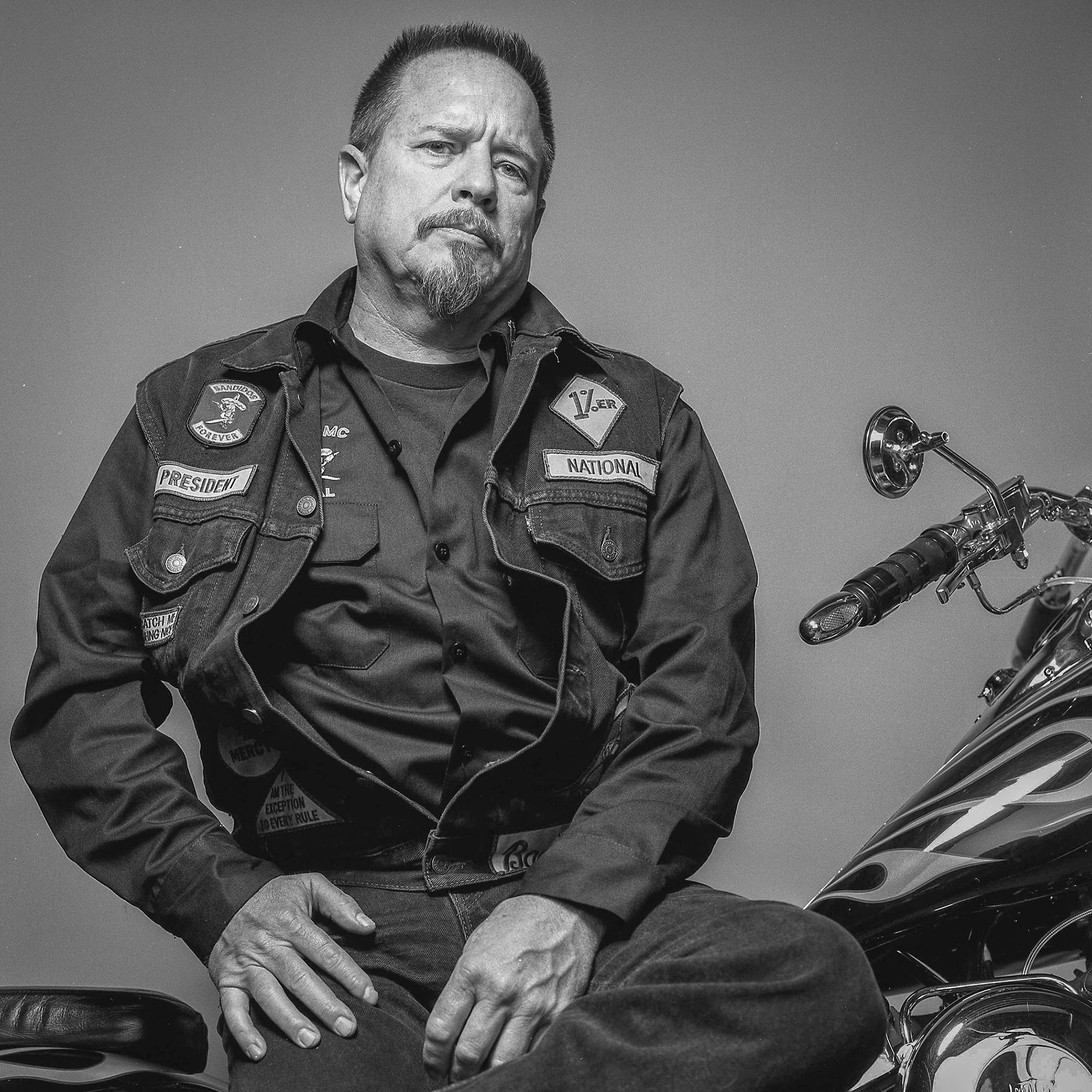 Jeff Pike, president of the Bandidos, on his motorcycle. 