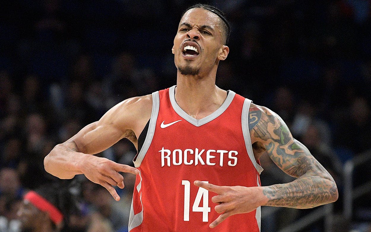 Houston Rockets guard Gerald Green (14) celebrates after scoring a 3-point basket during the second half of an NBA basketball game against the Orlando Magic, Wednesday, Jan. 3, 2018, in Orlando, Fla.