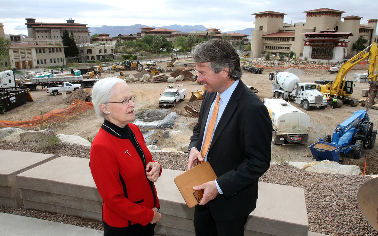 UTEP president Diana Natalicio talks with Wallace Hall, Jr., a UT system regent as they viewed the ongoing construction on the center of the UTEP campus Thursday, Nov. 6, 2014 in El Paso.