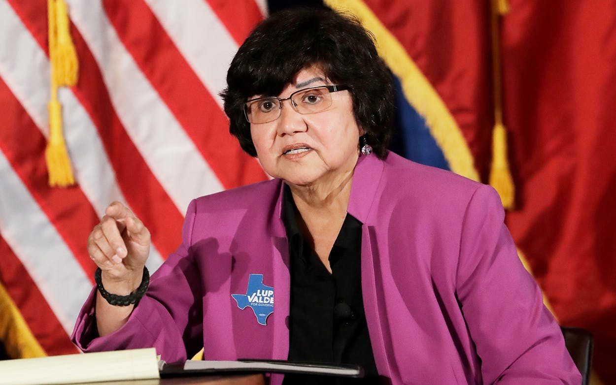 Texas Democratic gubernatorial candidate Lupe Valdez takes part in a debate with Andrew White, Friday, May 11, 2018, in Austin ahead of the state's May 22 primary runoff election.