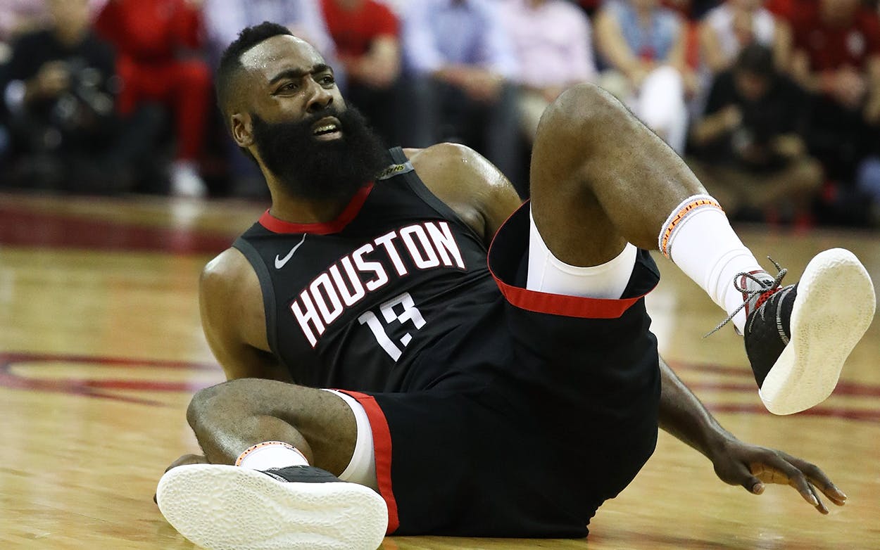 James Harden #13 of the Houston Rockets reacts in the second quarter of Game Seven of the Western Conference Finals of the 2018 NBA Playoffs at Toyota Center against the Golden State Warriors on May 28, 2018 in Houston.