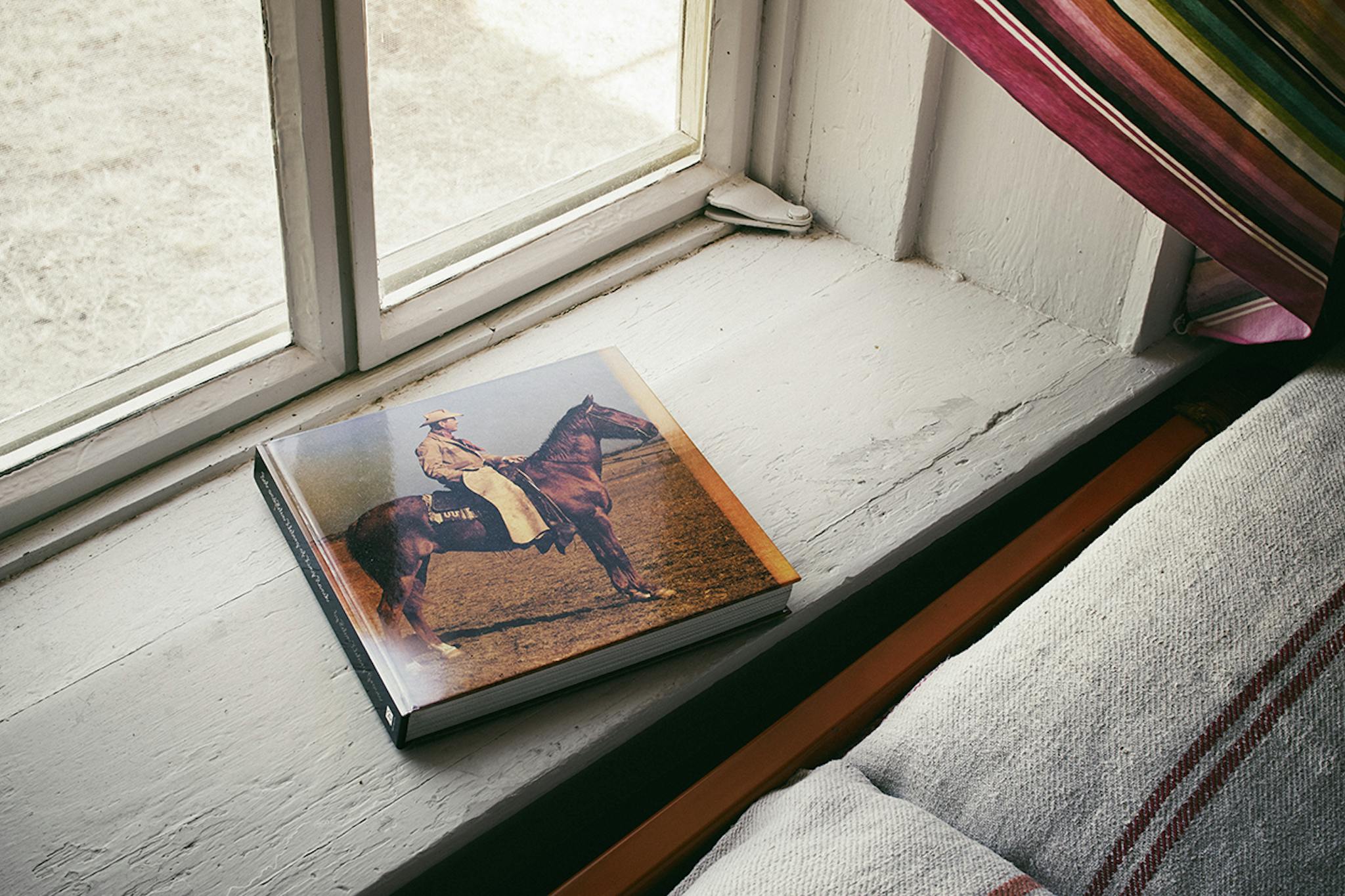 Book cover of a man on horseback rests on a window sill.