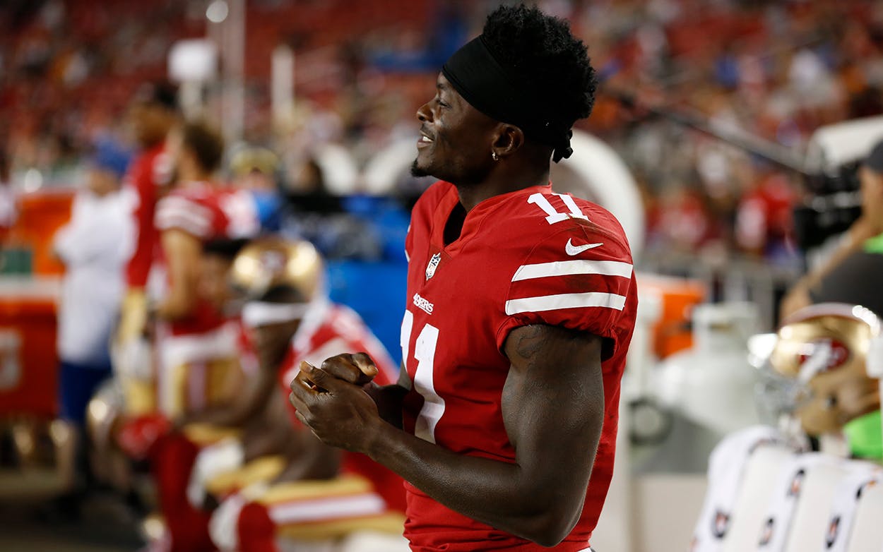 San Francisco 49ers wide receiver Marquise Goodwin (11) is seen on the sideline during an NFL preseason football game against the Denver Broncos, Aug. 19, 2017, in Santa Clara, Calif.