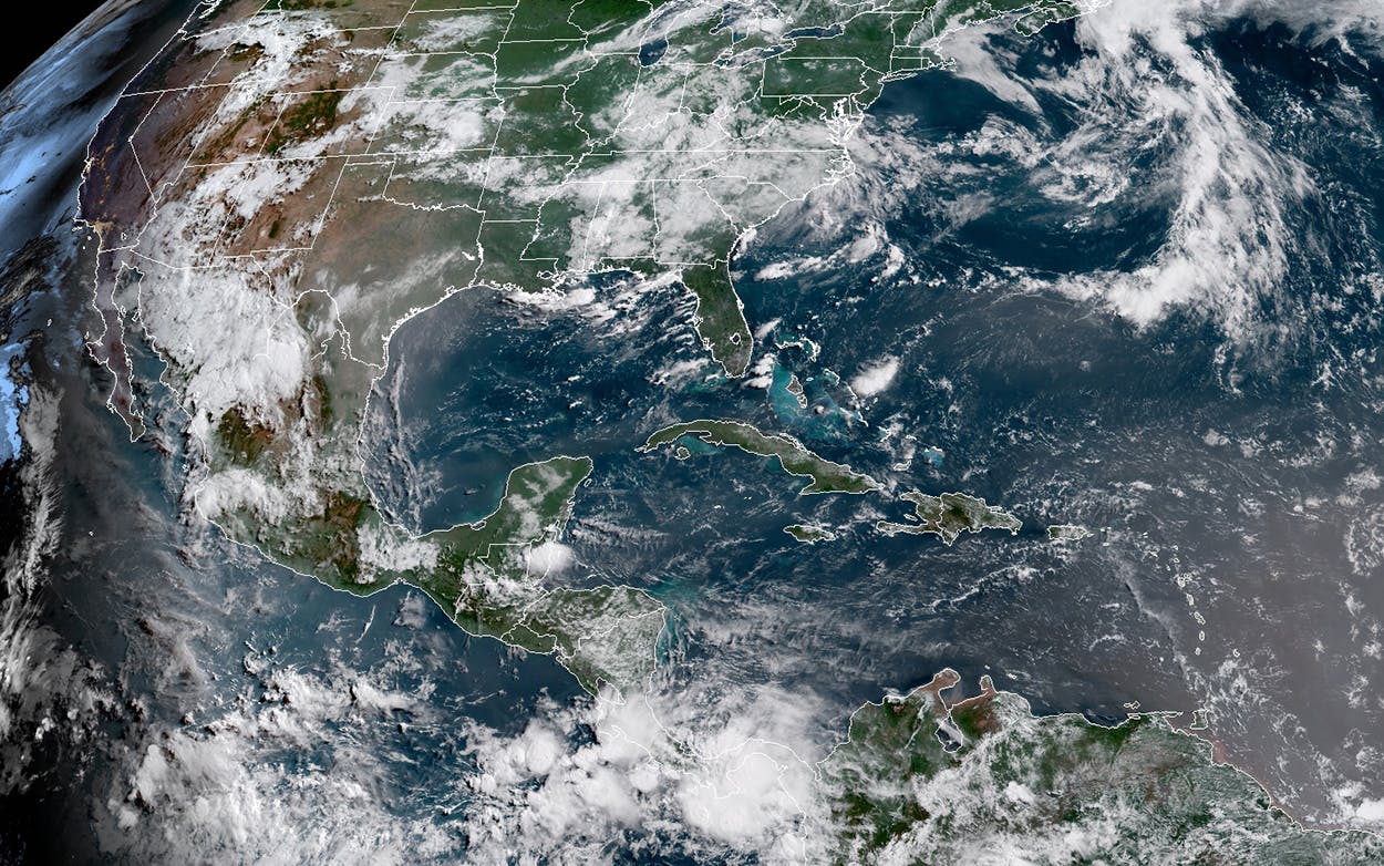 The Saharan dust over Texas, which appears as a brown haze in this image, can be seen as far west as Midland and as far north as Fort Worth. This GOES-16 satellite imagery is created by combining 3 visible channels that simulate what the Earth would look like with human eyes from space.
