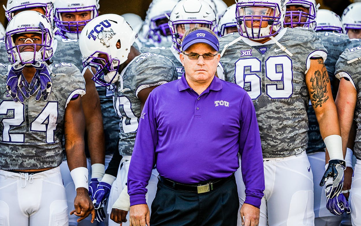 Head coach Gary Patterson of the TCU Horned Frogs waits with his team before taking on the Iowa State Cyclones at Amon G. Carter Stadium on September 17, 2016 in Fort Worth.