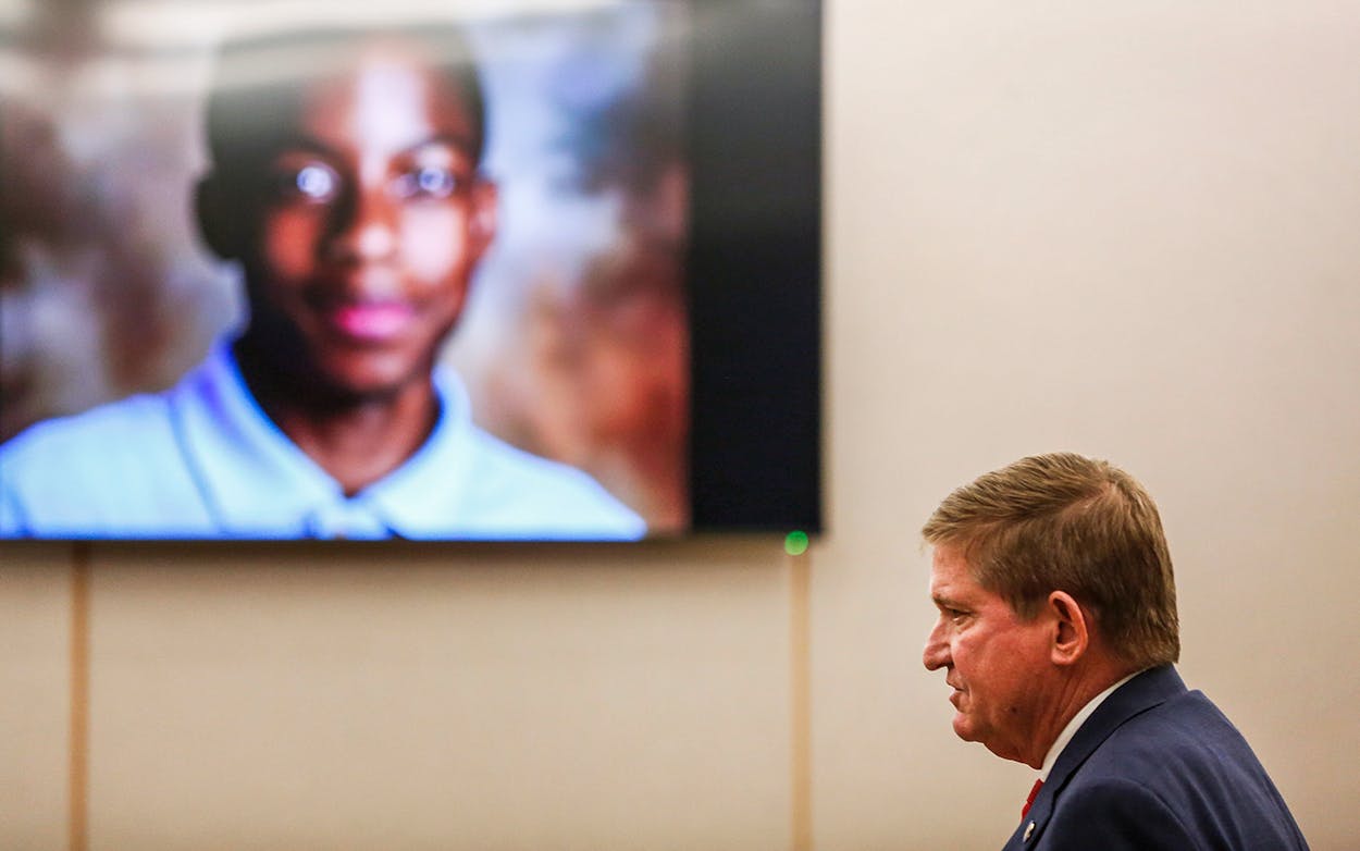 Lead prosecutor Michael Snipes gives a closing argument during the eighth day of the trial of fired Balch Springs police officer Roy Oliver, who is charged with the murder of 15-year-old Jordan Edwards, in Dallas on August 27, 2018.