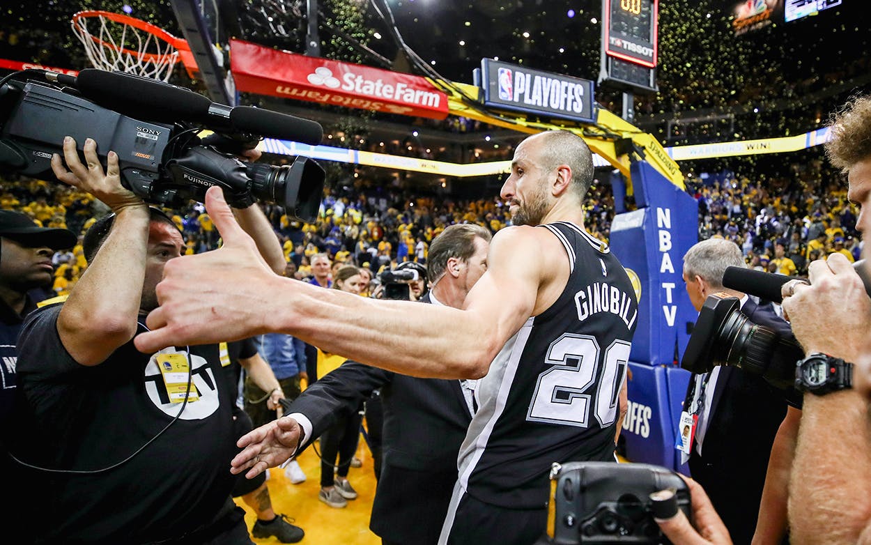 Manu Ginobili #20 of the San Antonio Spurs leaves the court after their loss to the Golden State Warriors in Game Five of Round One of the 2018 NBA Playoffs on April 24, 2018 in Oakland, California.