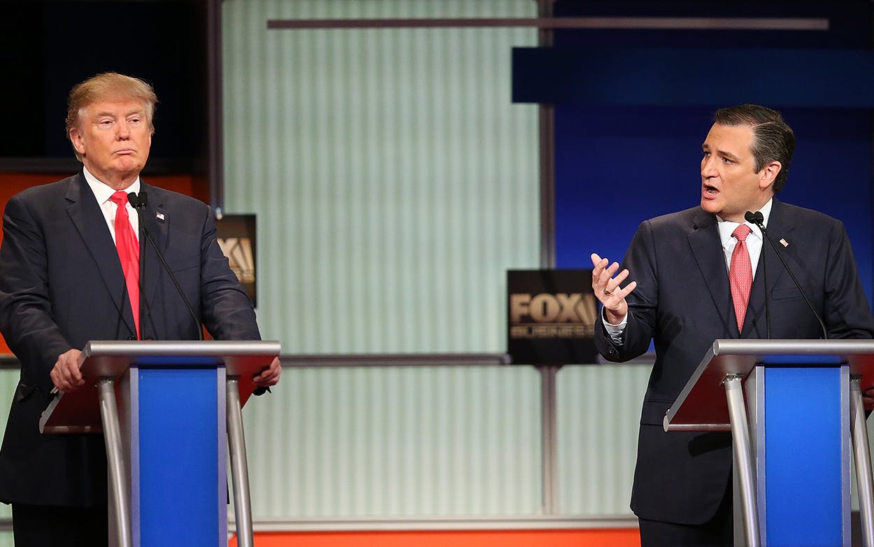 Then Republican presidential candidates (L-R) Donald Trump and Sen. Ted Cruz (R-TX) participate in the Fox Business Network Republican presidential debate on January 14, 2016 in North Charleston, South Carolina.