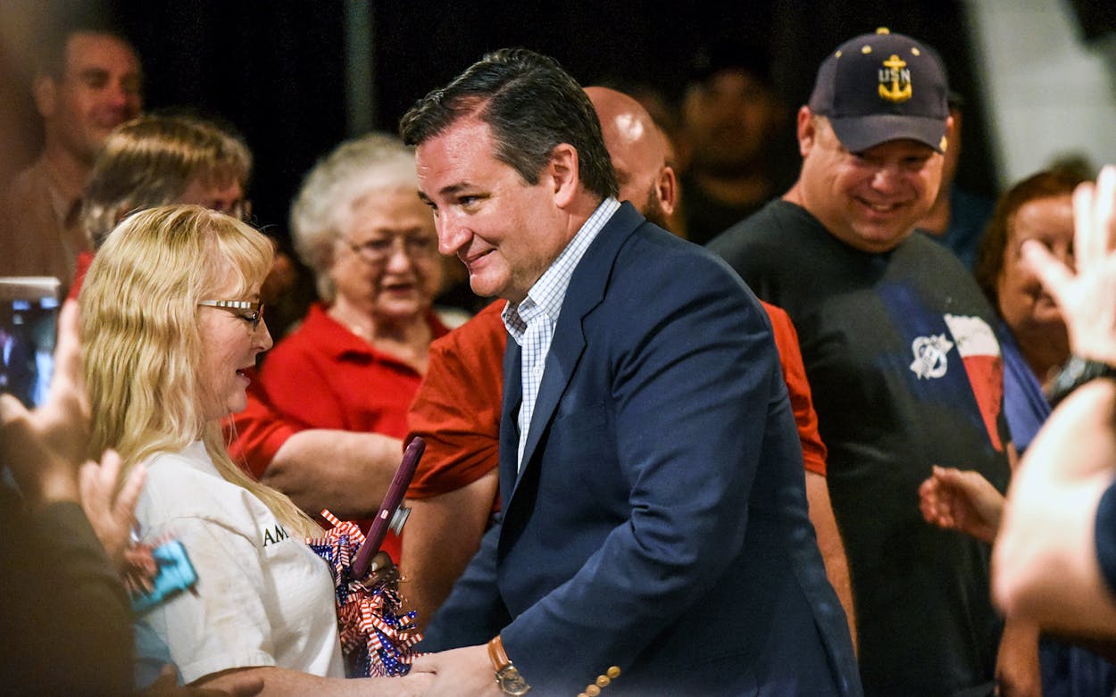 Republican U.S. Sen. Ted Cruz shakes hands with attendees at a town hall event, Saturday, Aug. 25, 2018, at the South Forty Banquet Hall in Odessa.